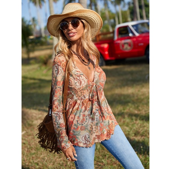 Sheer Mesh Bohemian Floral Flared V-Neck Shirt Long Bell Sleeve - Picture 12 of 15